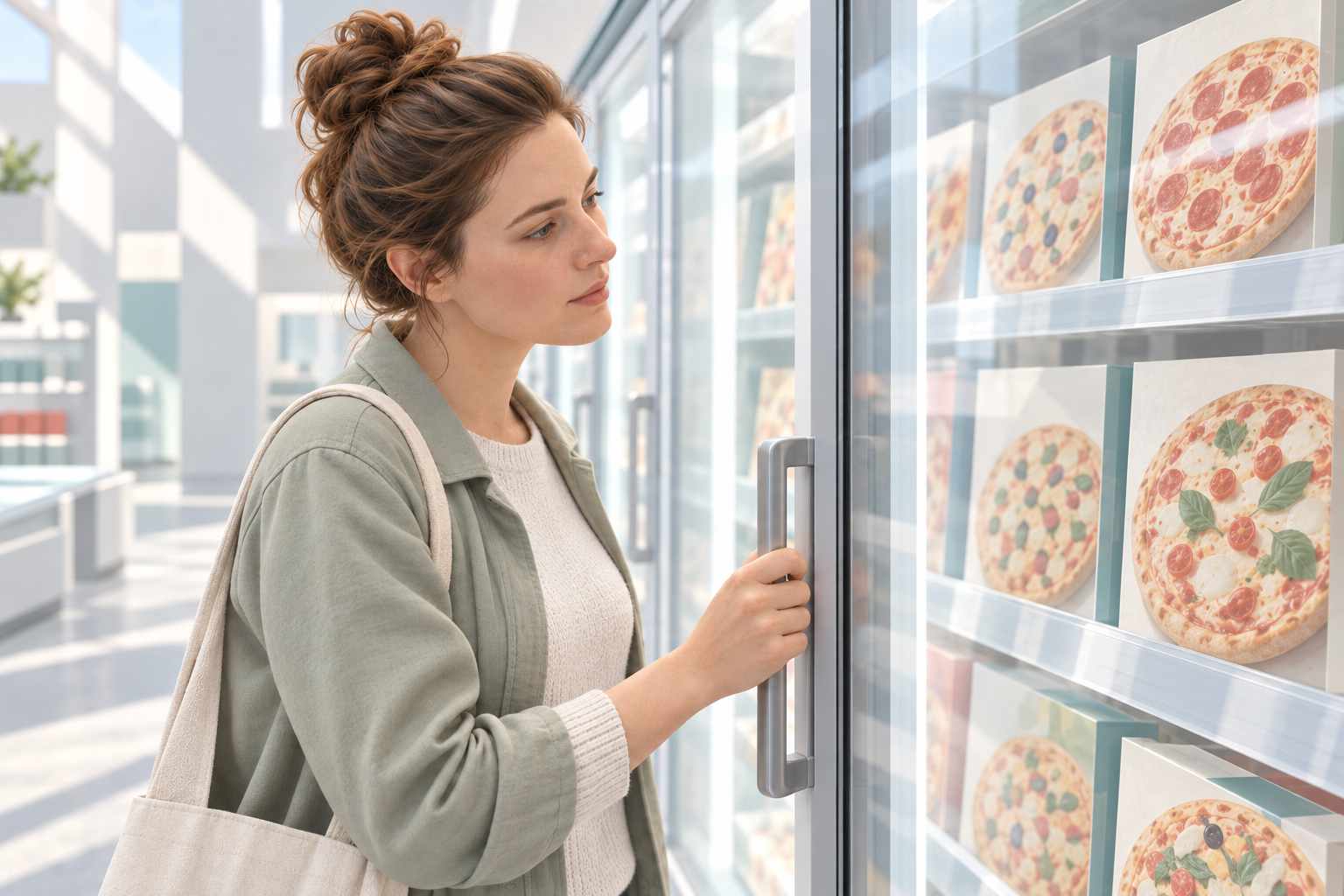 Eine Frau hält die Tür eines Tiefkühlregals am Griff und betrachtet nachdenklich die Pizzapackungen hinter der Glasscheibe.